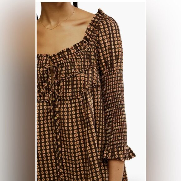 FREE PEOPLE STAR DIP TIERED SMOCKED BUTTON FRONT COTTON DRESS LARGE - Picture 4 of 12